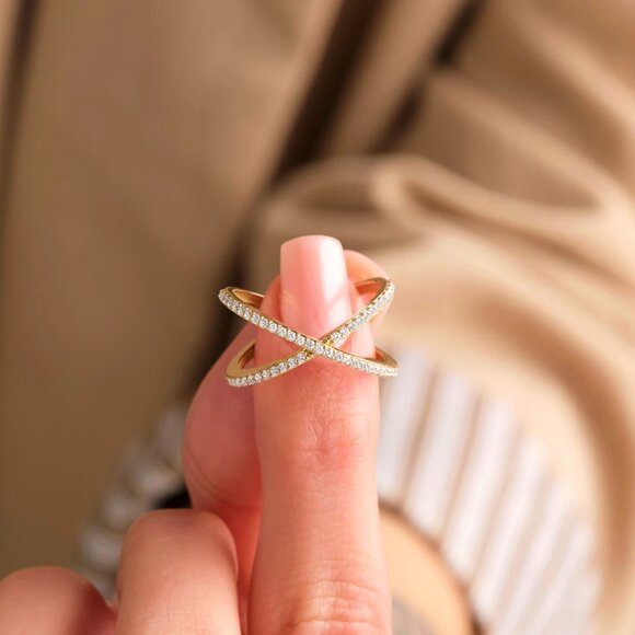 Michael Kors Gold Tone Steel Criss-Cross Clear Pave Crystal Ring - Picture 2 of 12